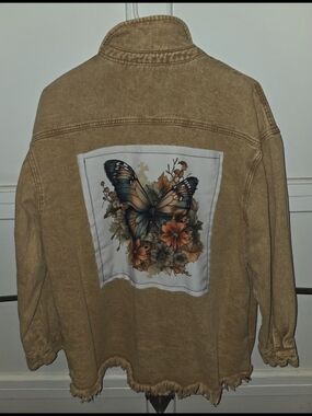 Butterfly Floral Patch Distressed Jacket - Tan SzXl